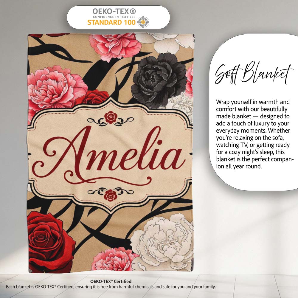 Elegant Rose Floral with Black Red and White Flowers on Beige Lovely Personalised Custom Name Super Soft Fleece Blanket Bed Sofa Throw