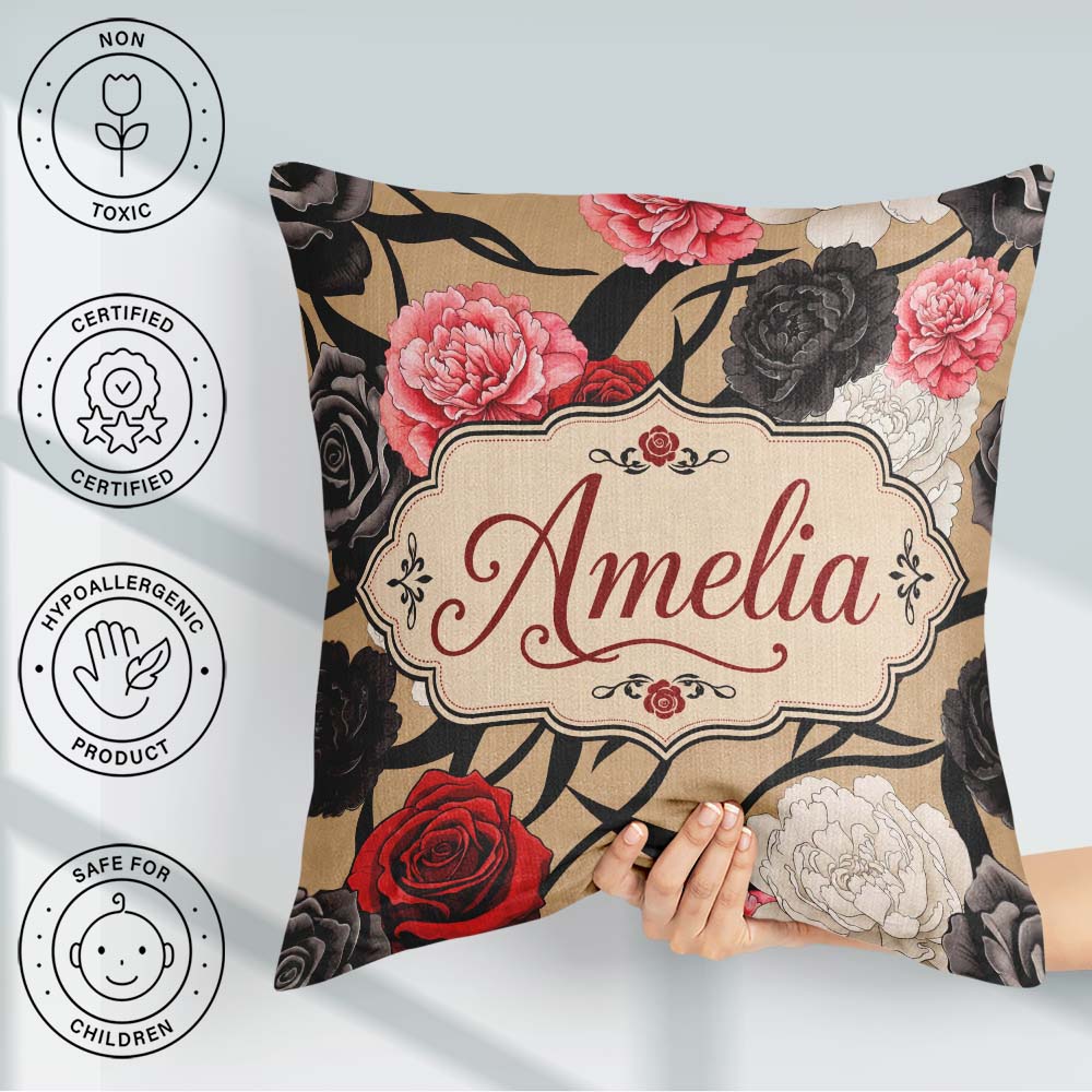 Custom Name Rose Floral with Black Red and White on Beige Lovely Square Filled Cushion Throw Pillow Sofa Bed Home Decor Zip Washable UK Made