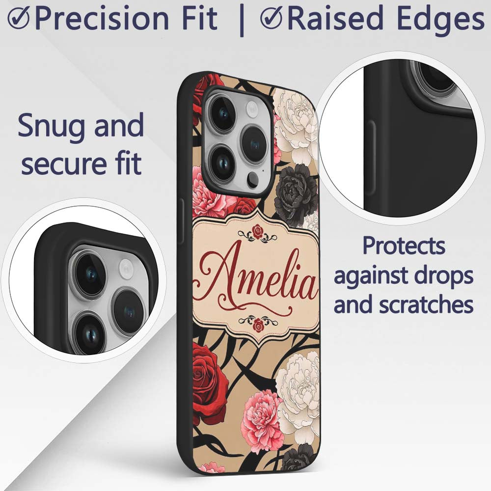 Elegant Rose Floral with Black Red and White Custom Name Protective Phone Case Mobile Cover Durable Everyday Smartphone Shock Resistant