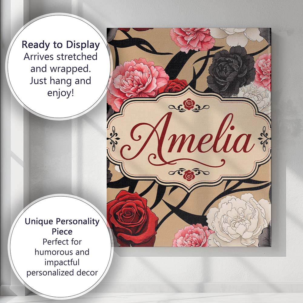 Personalised Name Elegant Rose Floral with Custom Bespoke Contemporary Statement Canvas Wall Art Print Decor Picture Ready to Hang