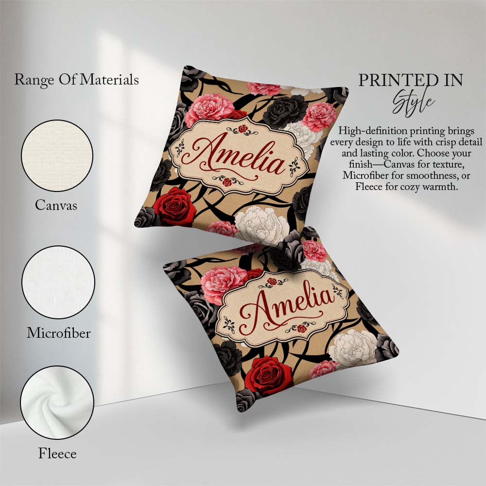 Custom Name Rose Floral with Black Red and White on Beige Lovely Square Filled Cushion Throw Pillow Sofa Bed Home Decor Zip Washable UK Made