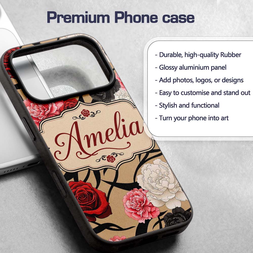 Elegant Rose Floral with Black Red and White Custom Name Protective Phone Case Mobile Cover Durable Everyday Smartphone Shock Resistant
