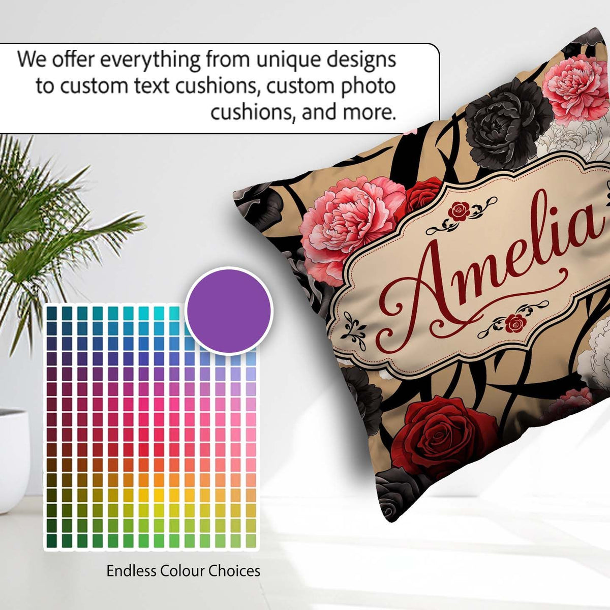 Custom Name Rose Floral with Black Red and White on Beige Lovely Square Filled Cushion Throw Pillow Sofa Bed Home Decor Zip Washable UK Made