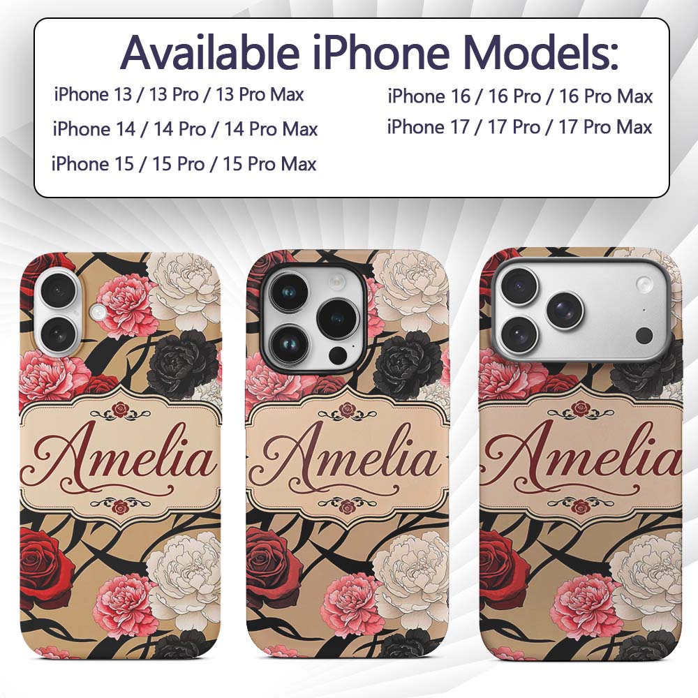 Elegant Rose Floral with Black Red and White Custom Name Protective Phone Case Mobile Cover Durable Everyday Smartphone Shock Resistant