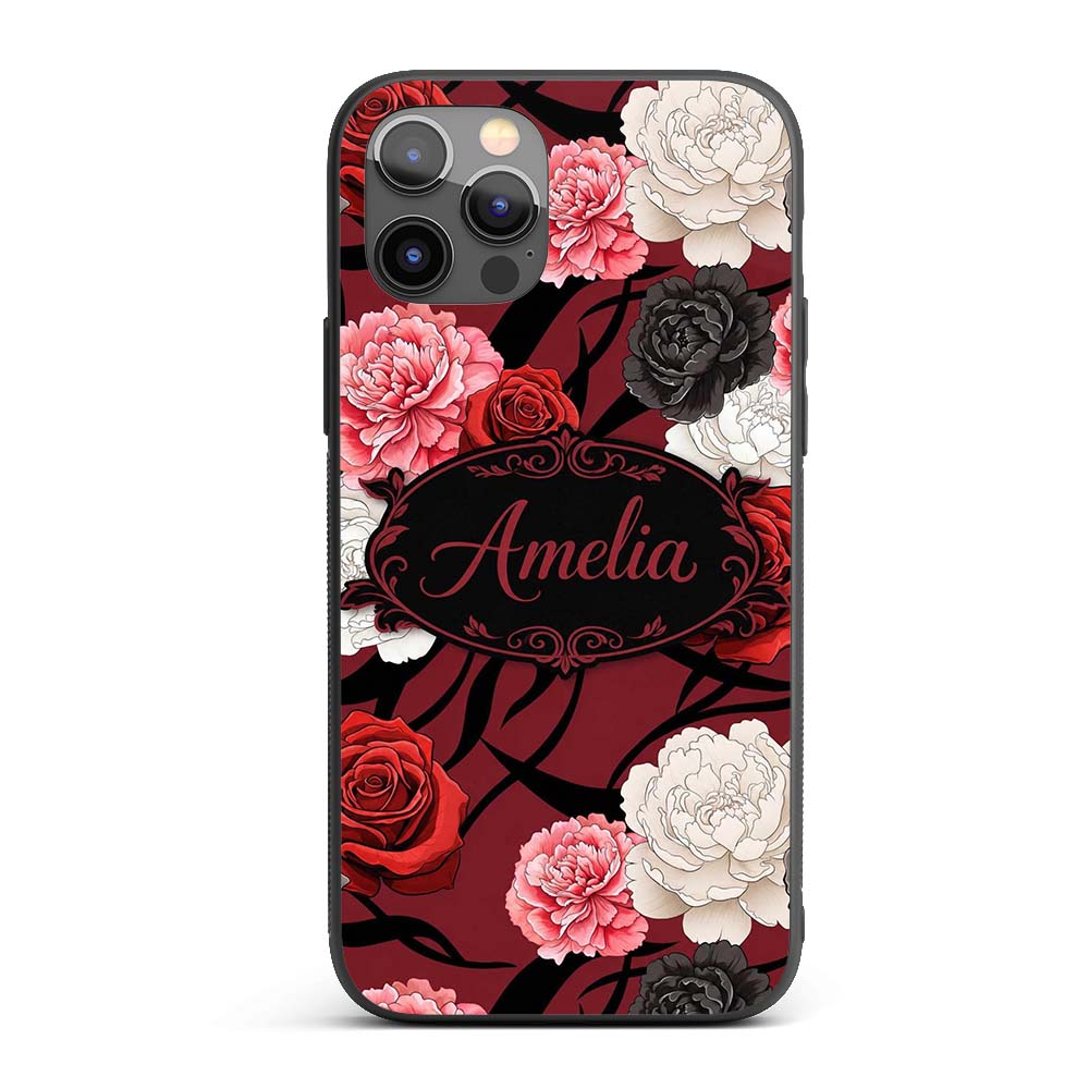 Elegant Rose Floral with Black Red and White Custom Name Protective Phone Case Mobile Cover Durable Everyday Smartphone Shock Resistant