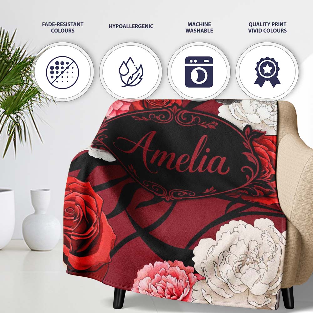 Elegant Rose Floral with Black Red and White Flowers on Deep Red Personalised Custom Name Super Soft Fleece Blanket Bed Sofa Throw