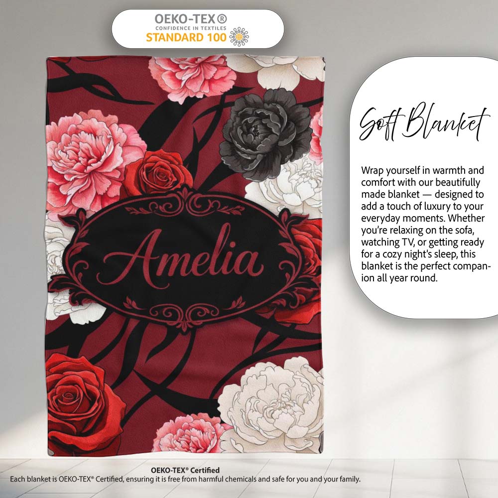 Elegant Rose Floral with Black Red and White Flowers on Deep Red Personalised Custom Name Super Soft Fleece Blanket Bed Sofa Throw