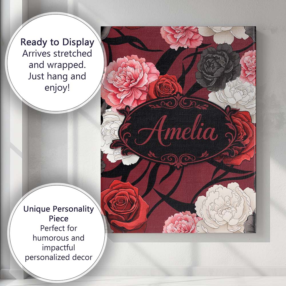 Personalised Name Elegant Rose Floral with Custom Bespoke Contemporary Statement Canvas Wall Art Print Decor Picture Ready to Hang