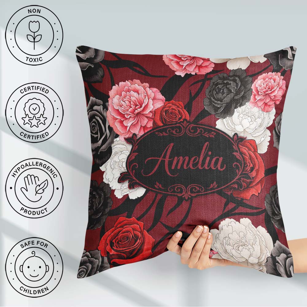 Custom Name Elegant Rose Floral with Black Red and White on Deep Square Filled Cushion Throw Pillow Sofa Bed Home Decor Zip Washable UK Made