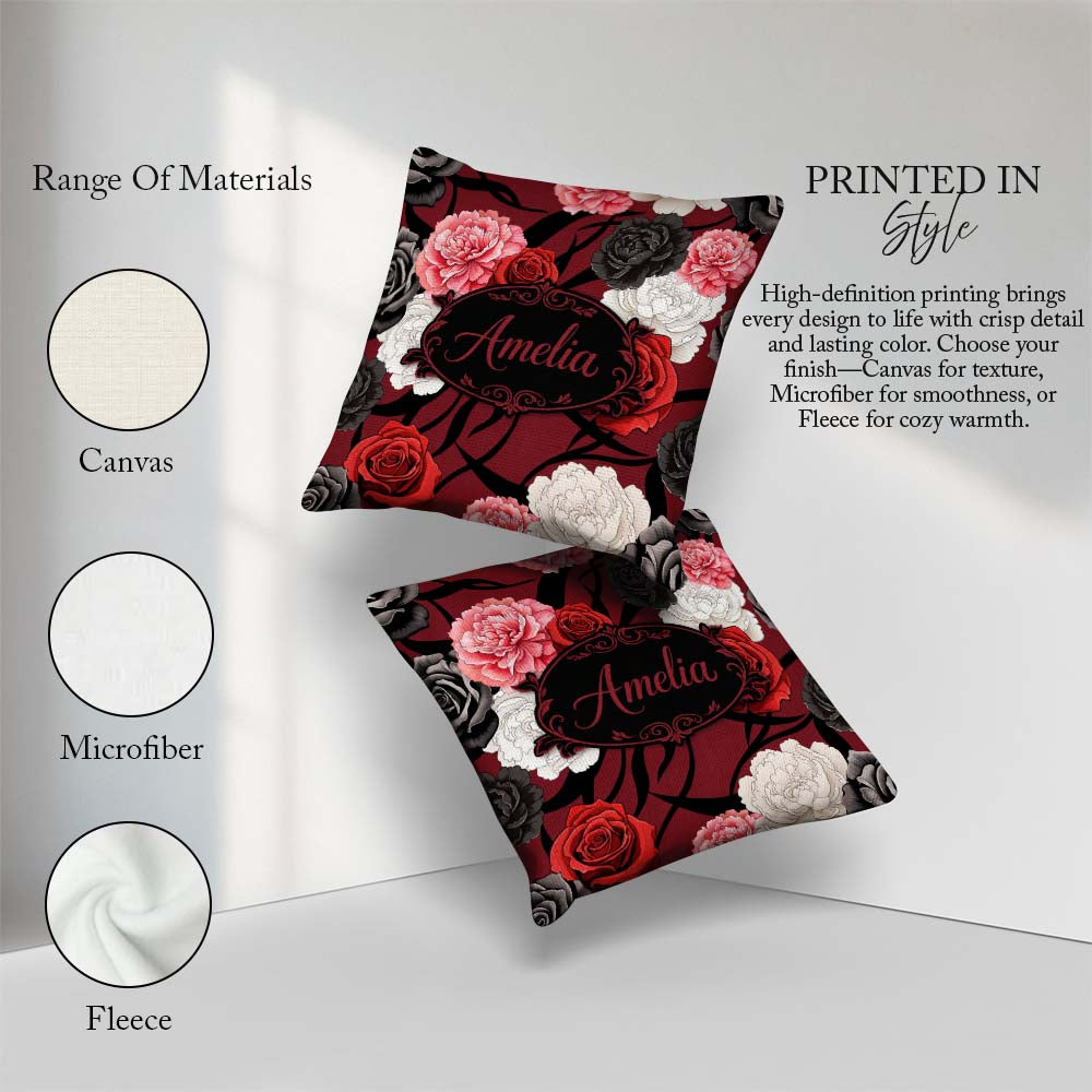Custom Name Elegant Rose Floral with Black Red and White on Deep Square Filled Cushion Throw Pillow Sofa Bed Home Decor Zip Washable UK Made