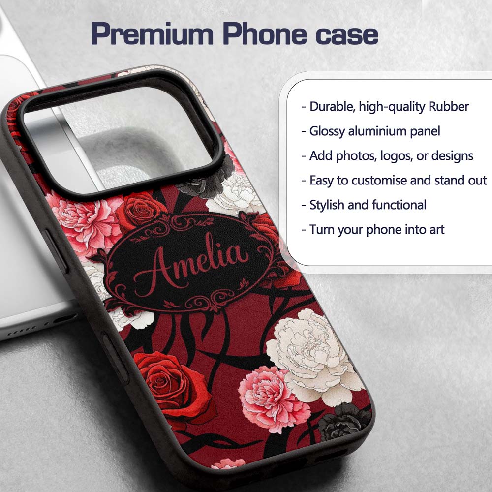 Elegant Rose Floral with Black Red and White Custom Name Protective Phone Case Mobile Cover Durable Everyday Smartphone Shock Resistant