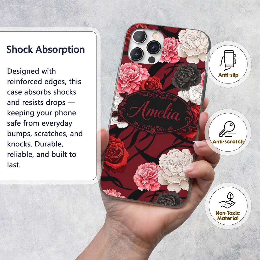 Elegant Rose Floral with Black Red and White Custom Name Protective Phone Case Mobile Cover Durable Everyday Smartphone Shock Resistant