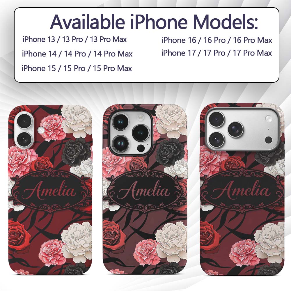 Elegant Rose Floral with Black Red and White Custom Name Protective Phone Case Mobile Cover Durable Everyday Smartphone Shock Resistant