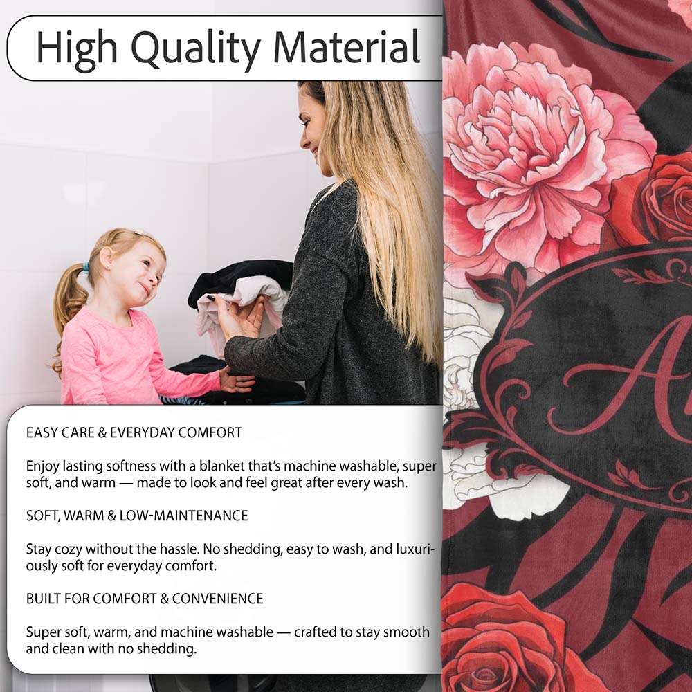 Elegant Rose Floral with Black Red and White Flowers on Deep Red Personalised Custom Name Super Soft Fleece Blanket Bed Sofa Throw