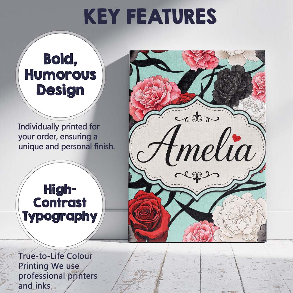Personalised Name Elegant Rose Floral with Custom Bespoke Contemporary Statement Canvas Wall Art Print Decor Picture Ready to Hang