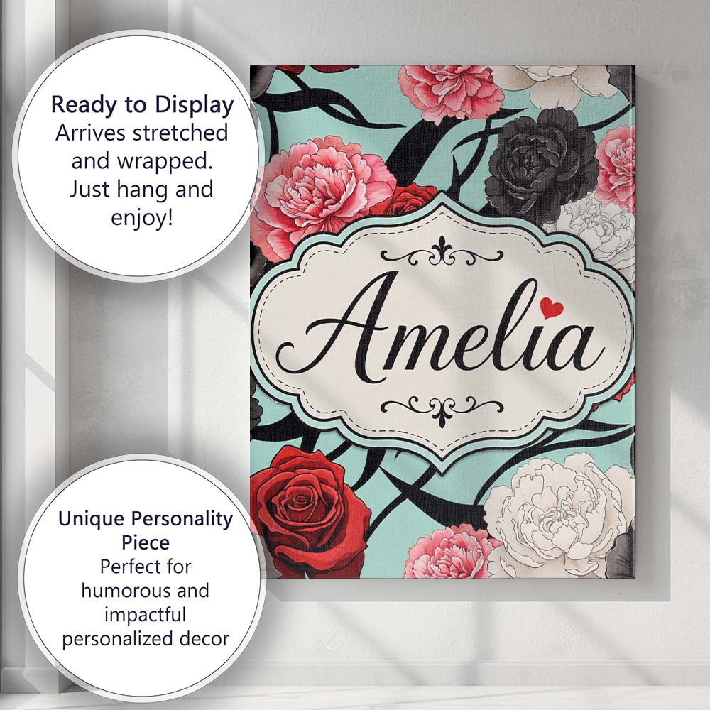 Personalised Name Elegant Rose Floral with Custom Bespoke Contemporary Statement Canvas Wall Art Print Decor Picture Ready to Hang