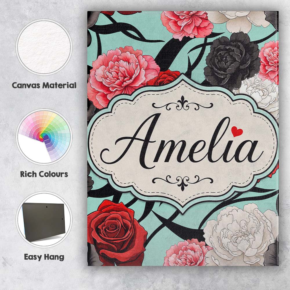 Personalised Name Elegant Rose Floral with Custom Bespoke Contemporary Statement Canvas Wall Art Print Decor Picture Ready to Hang
