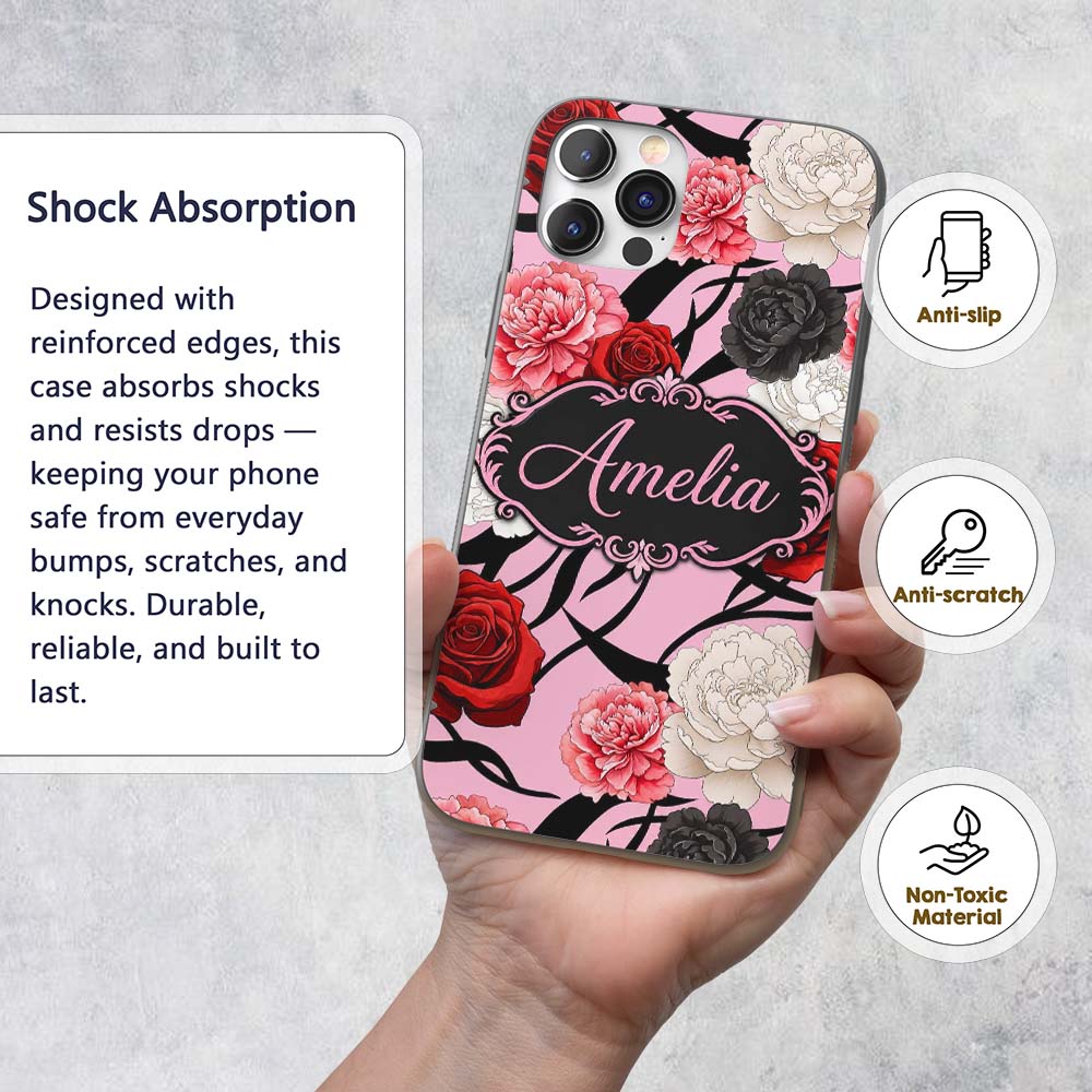 Elegant Rose Floral with Black Red and White Custom Name Protective Phone Case Mobile Cover Durable Everyday Smartphone Shock Resistant