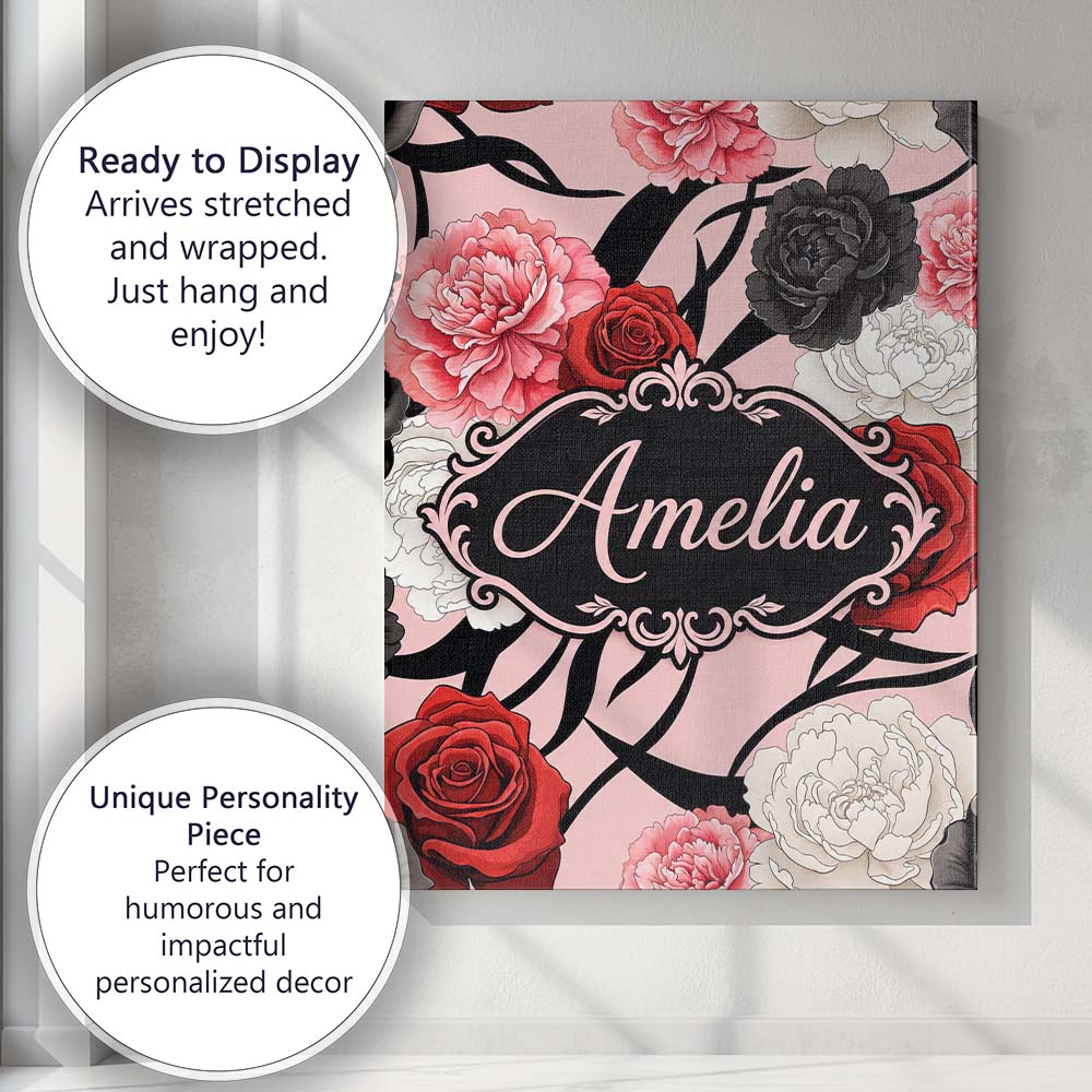 Personalised Name Elegant Rose Floral with Custom Bespoke Contemporary Statement Canvas Wall Art Print Decor Picture Ready to Hang
