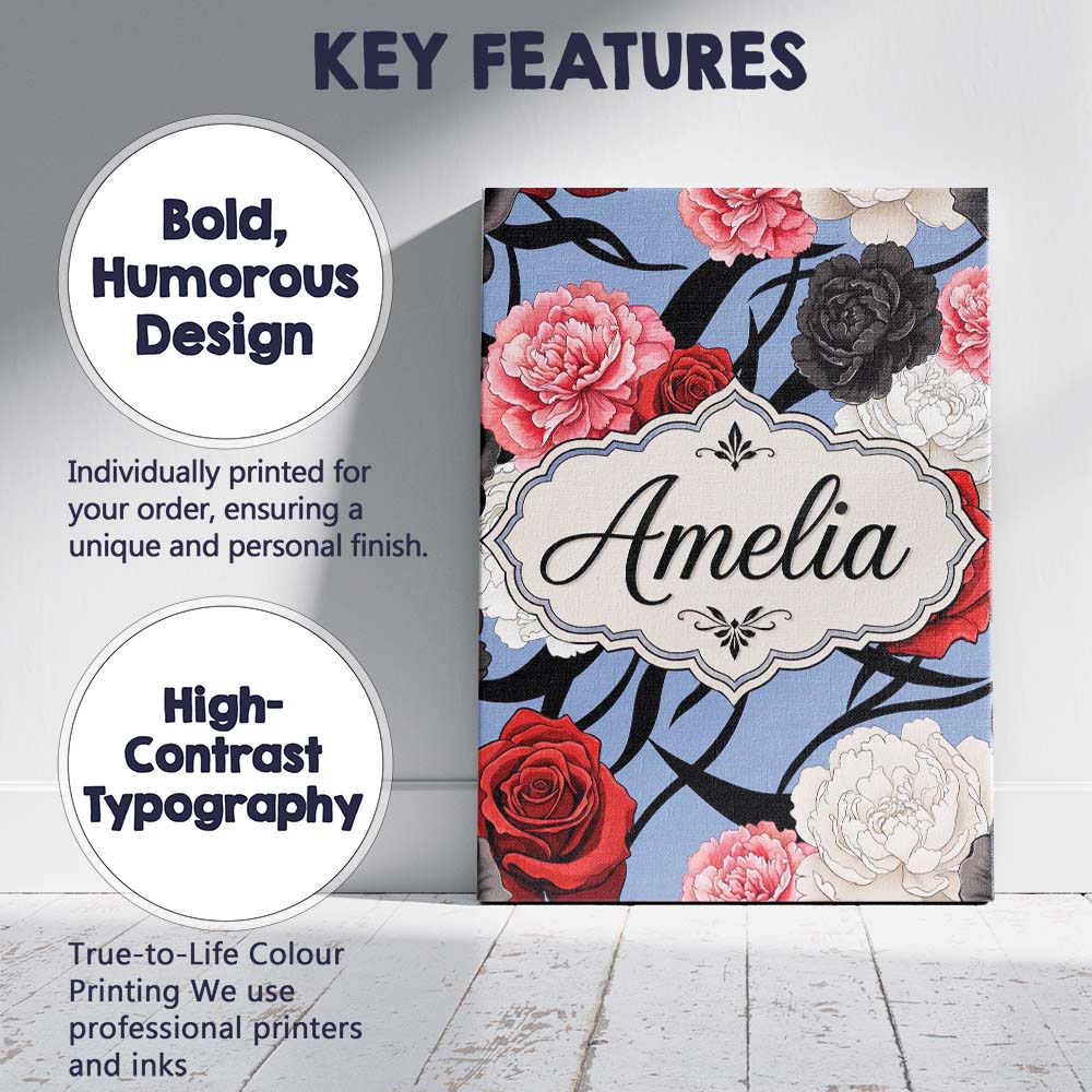 Personalised Name Elegant Rose Floral with Custom Bespoke Contemporary Statement Canvas Wall Art Print Decor Picture Ready to Hang