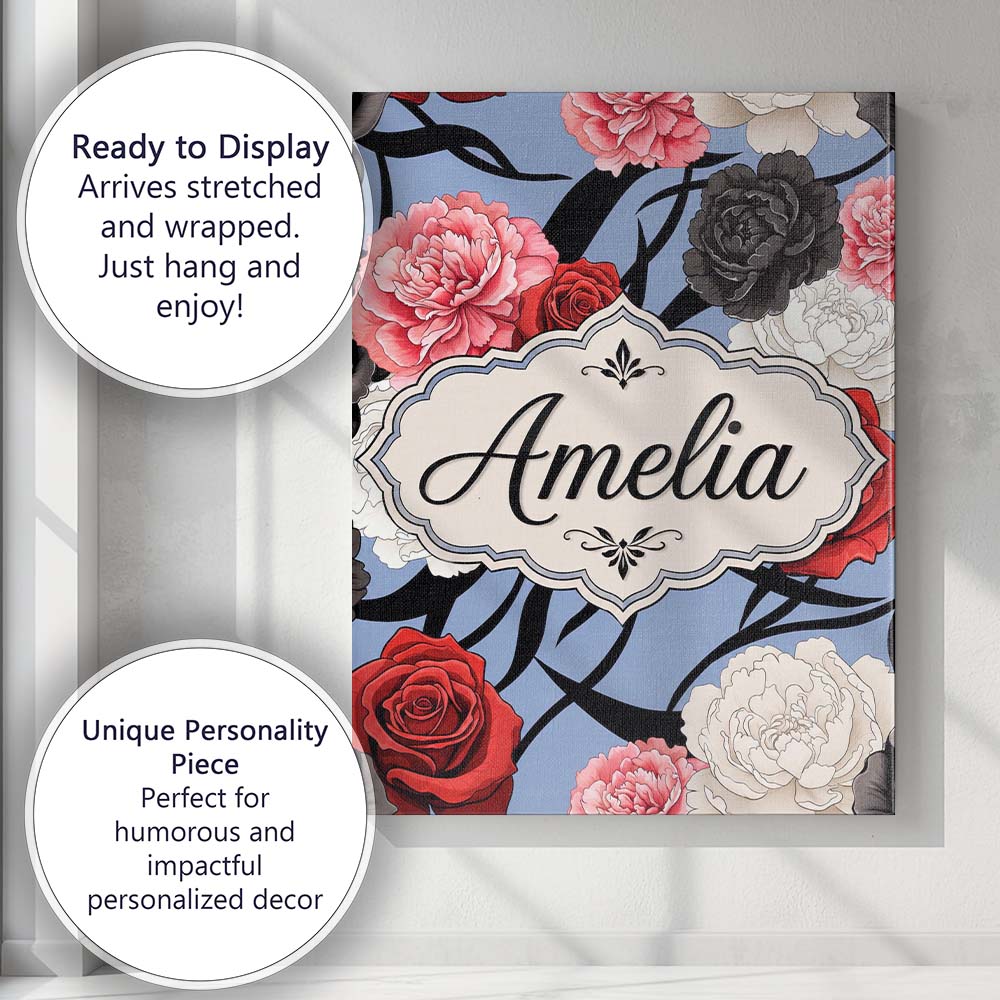 Personalised Name Elegant Rose Floral with Custom Bespoke Contemporary Statement Canvas Wall Art Print Decor Picture Ready to Hang