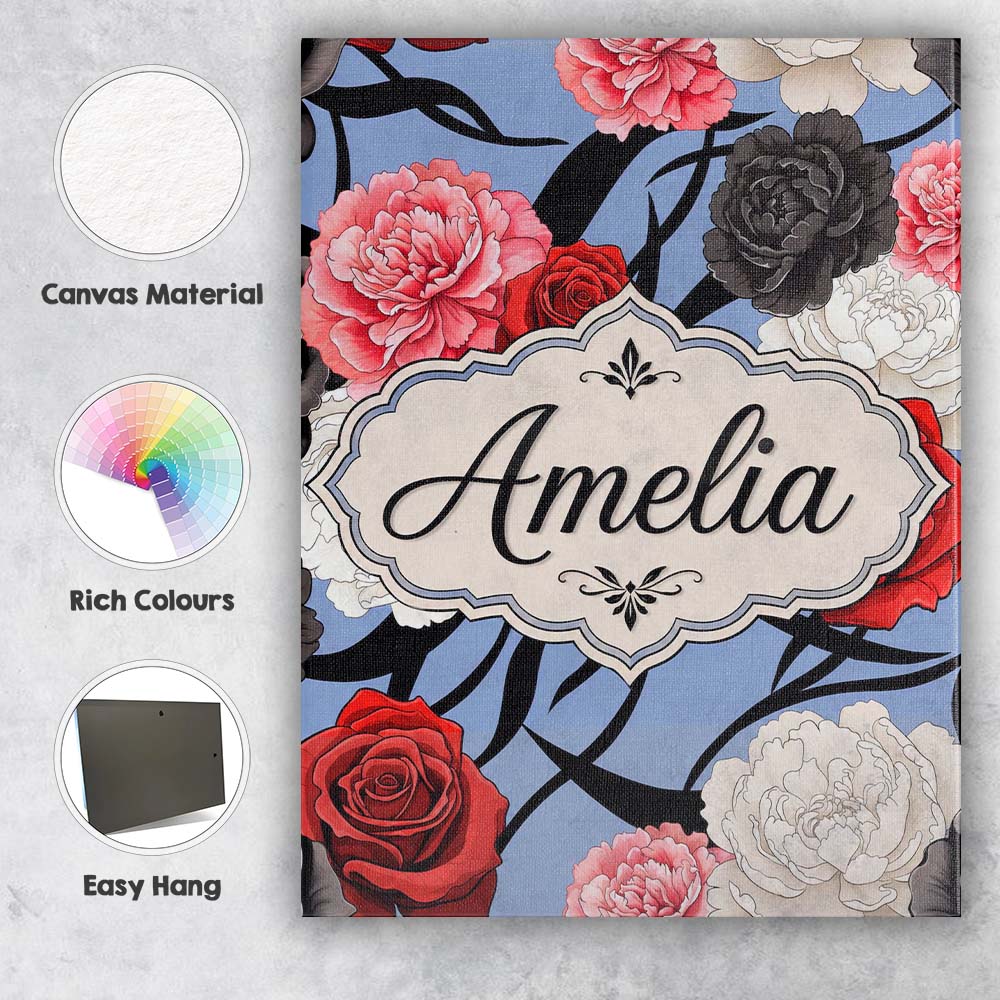 Personalised Name Elegant Rose Floral with Custom Bespoke Contemporary Statement Canvas Wall Art Print Decor Picture Ready to Hang