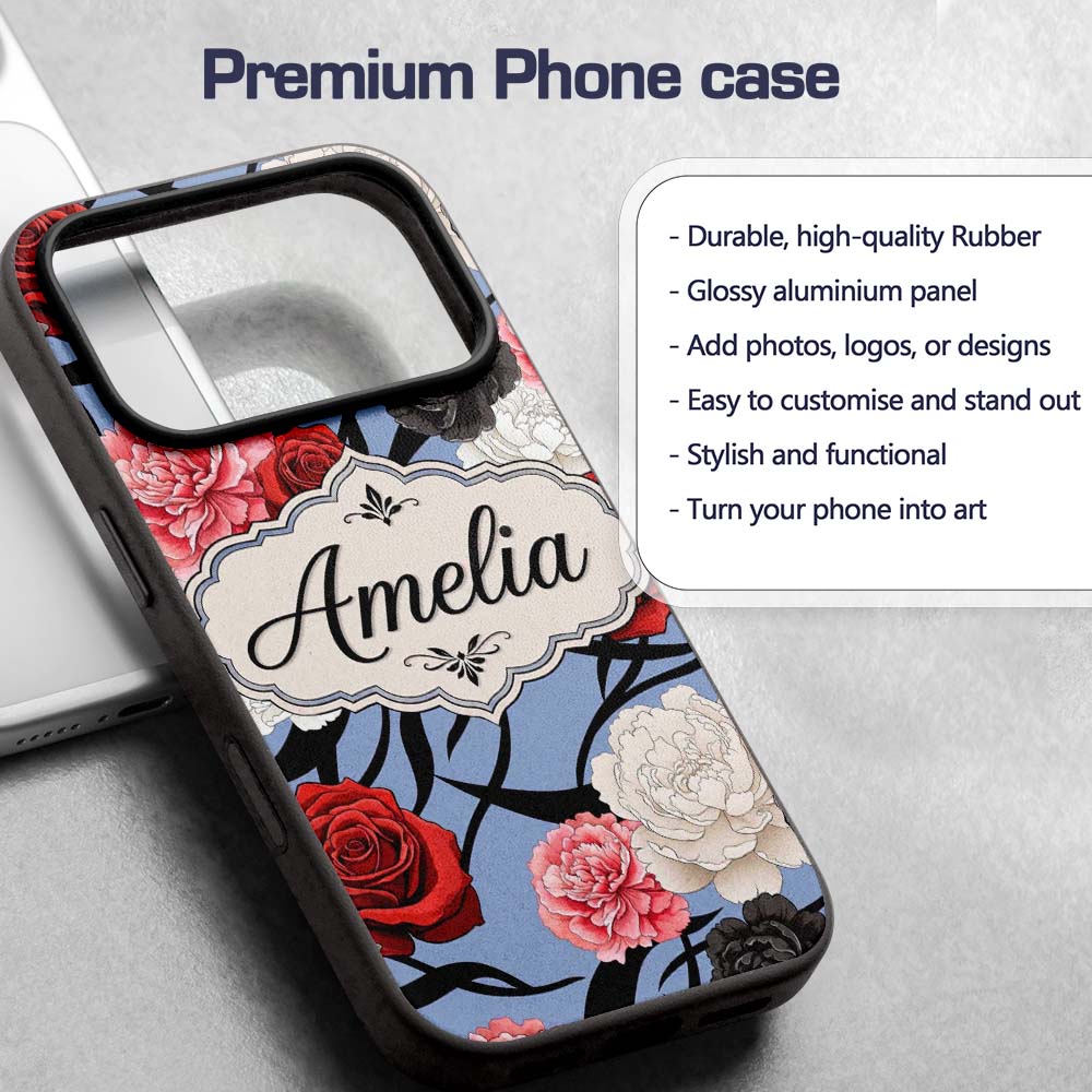 Elegant Rose Floral with Black Red and White Custom Name Protective Phone Case Mobile Cover Durable Everyday Smartphone Shock Resistant