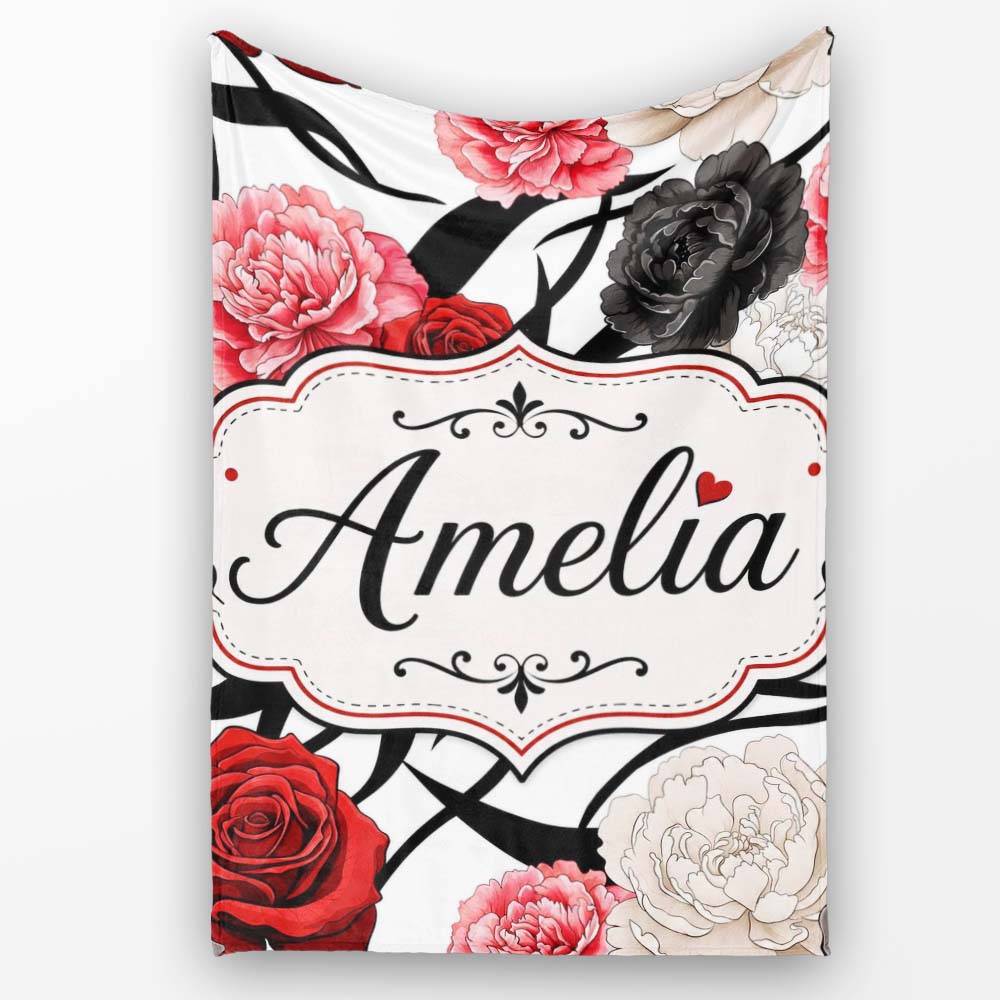 Elegant Rose Floral with Black Red and White Flowers on Light Grey Personalised Custom Name Super Soft Fleece Blanket Bed Sofa Throw