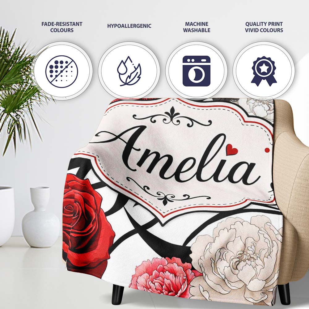 Elegant Rose Floral with Black Red and White Flowers on Light Grey Personalised Custom Name Super Soft Fleece Blanket Bed Sofa Throw