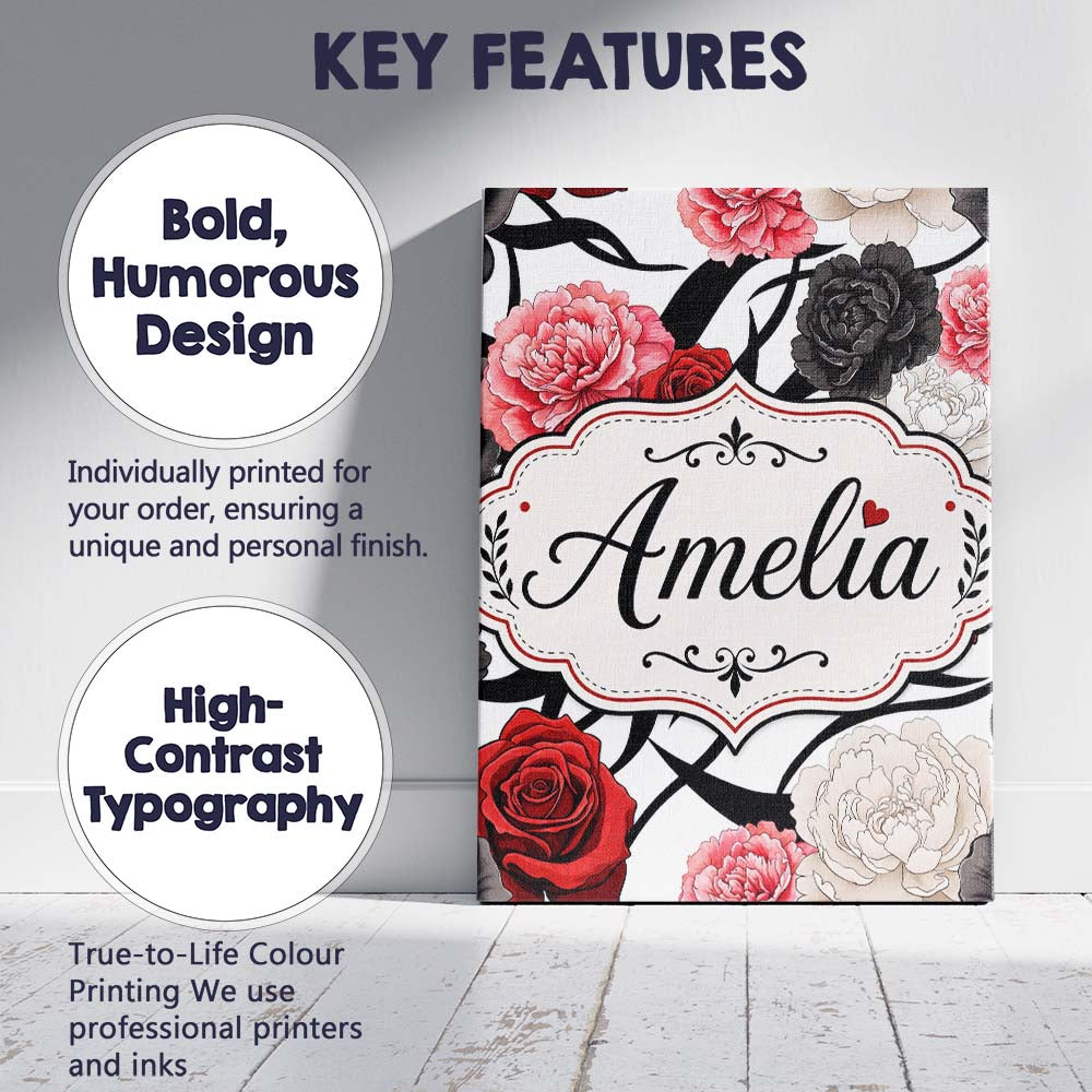 Personalised Name Elegant Rose Floral with Custom Bespoke Contemporary Statement Canvas Wall Art Print Decor Picture Ready to Hang