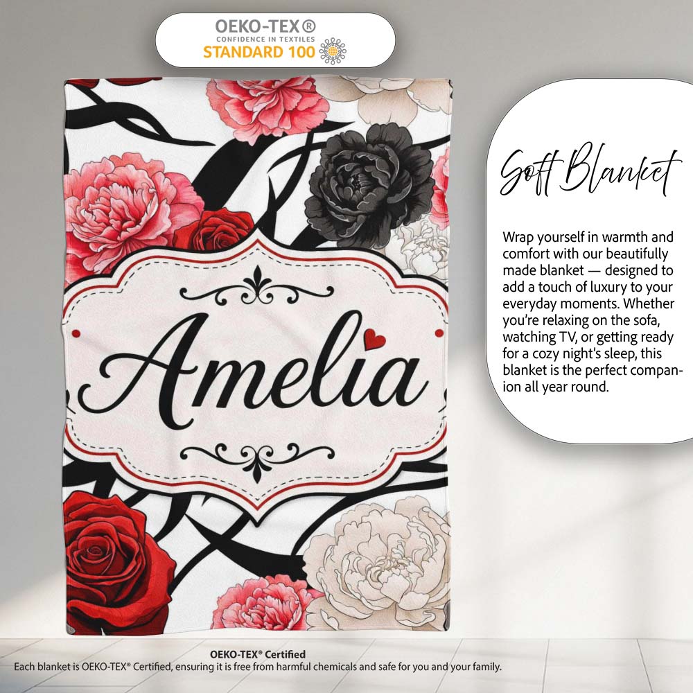 Elegant Rose Floral with Black Red and White Flowers on Light Grey Personalised Custom Name Super Soft Fleece Blanket Bed Sofa Throw