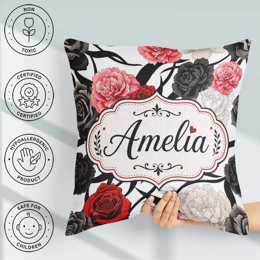 Custom Name Elegant Rose Floral with Black Red and White on Grey Square Filled Cushion Throw Pillow Sofa Bed Home Decor Zip Washable UK Made
