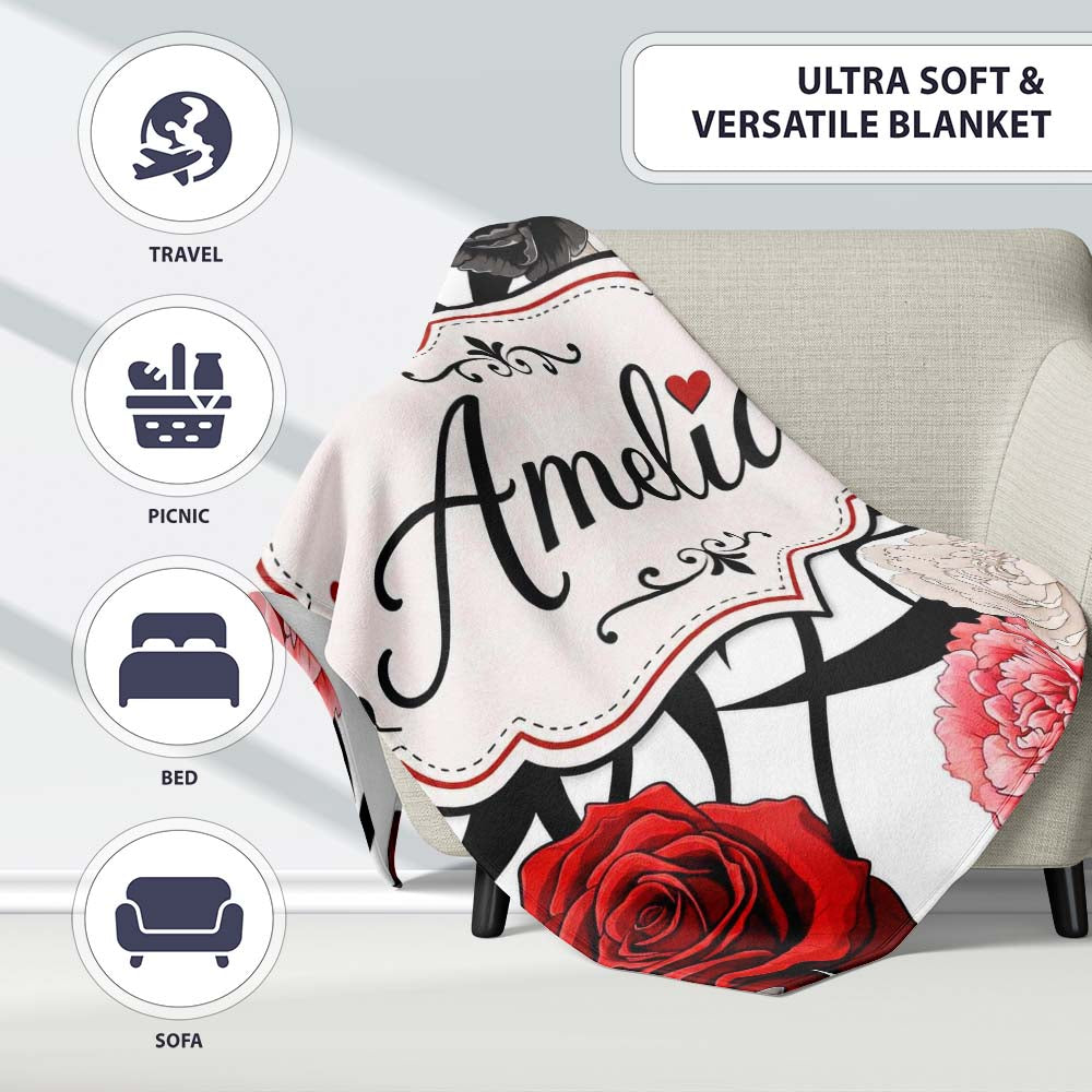 Elegant Rose Floral with Black Red and White Flowers on Light Grey Personalised Custom Name Super Soft Fleece Blanket Bed Sofa Throw