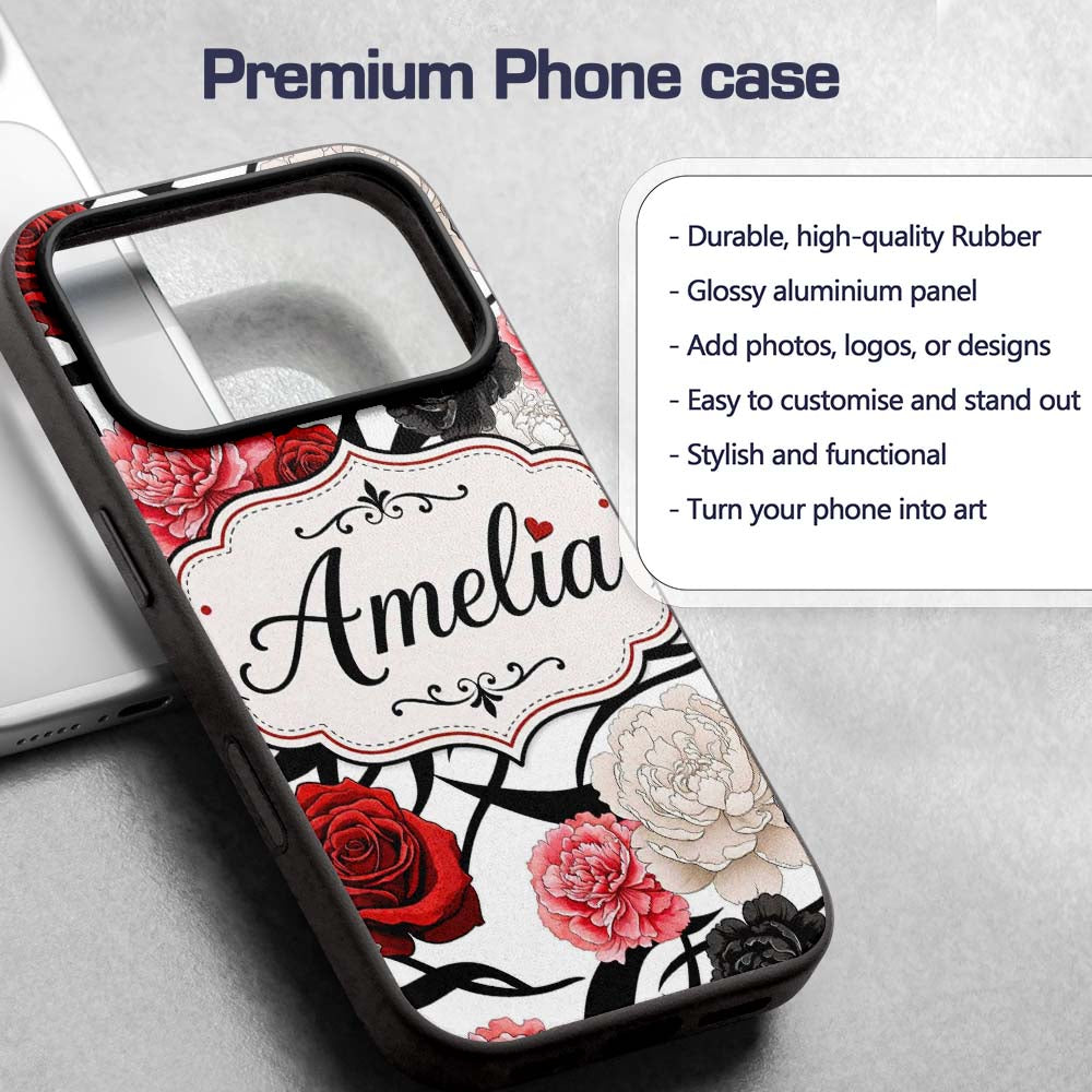 Elegant Rose Floral with Black Red and White Custom Name Protective Phone Case Mobile Cover Durable Everyday Smartphone Shock Resistant