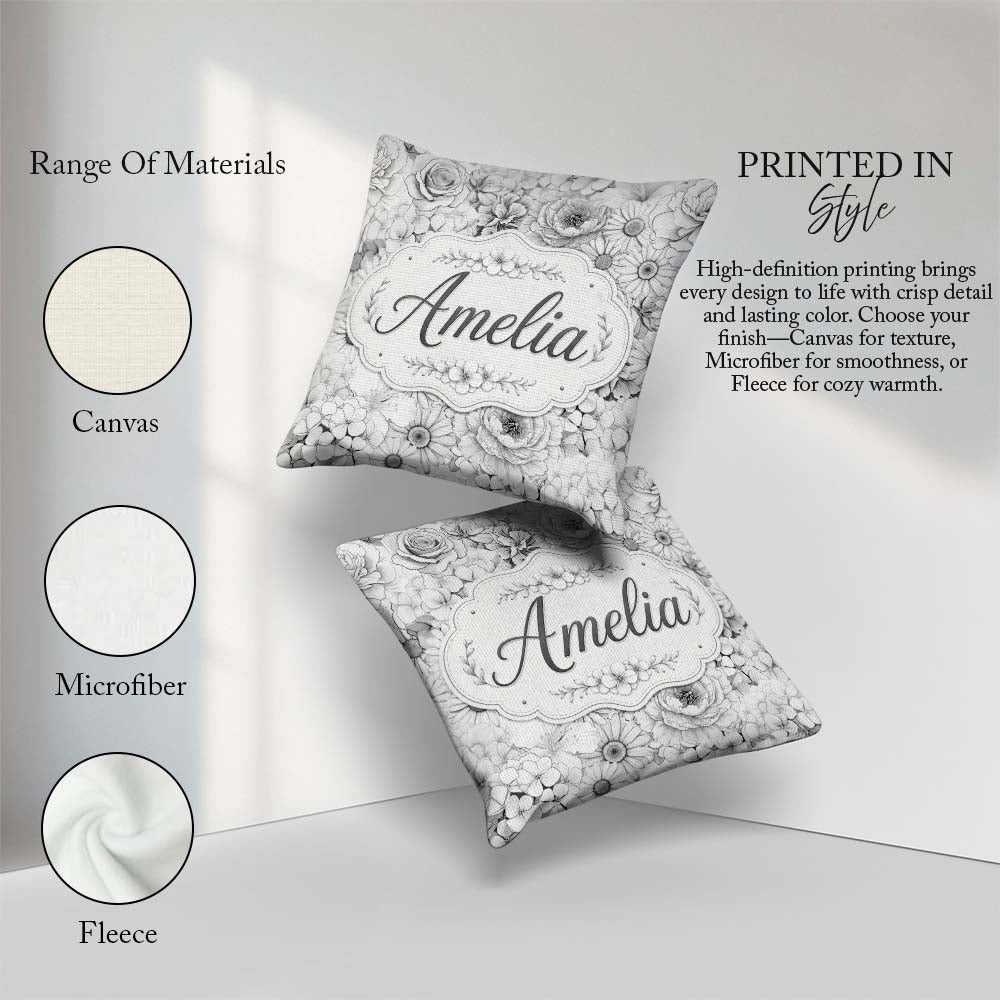 Custom Name Elegant Monochrome Floral Bouquet Pattern with Roses Square Filled Cushion Throw Pillow Sofa Bed Home Decor Zip Washable UK Made