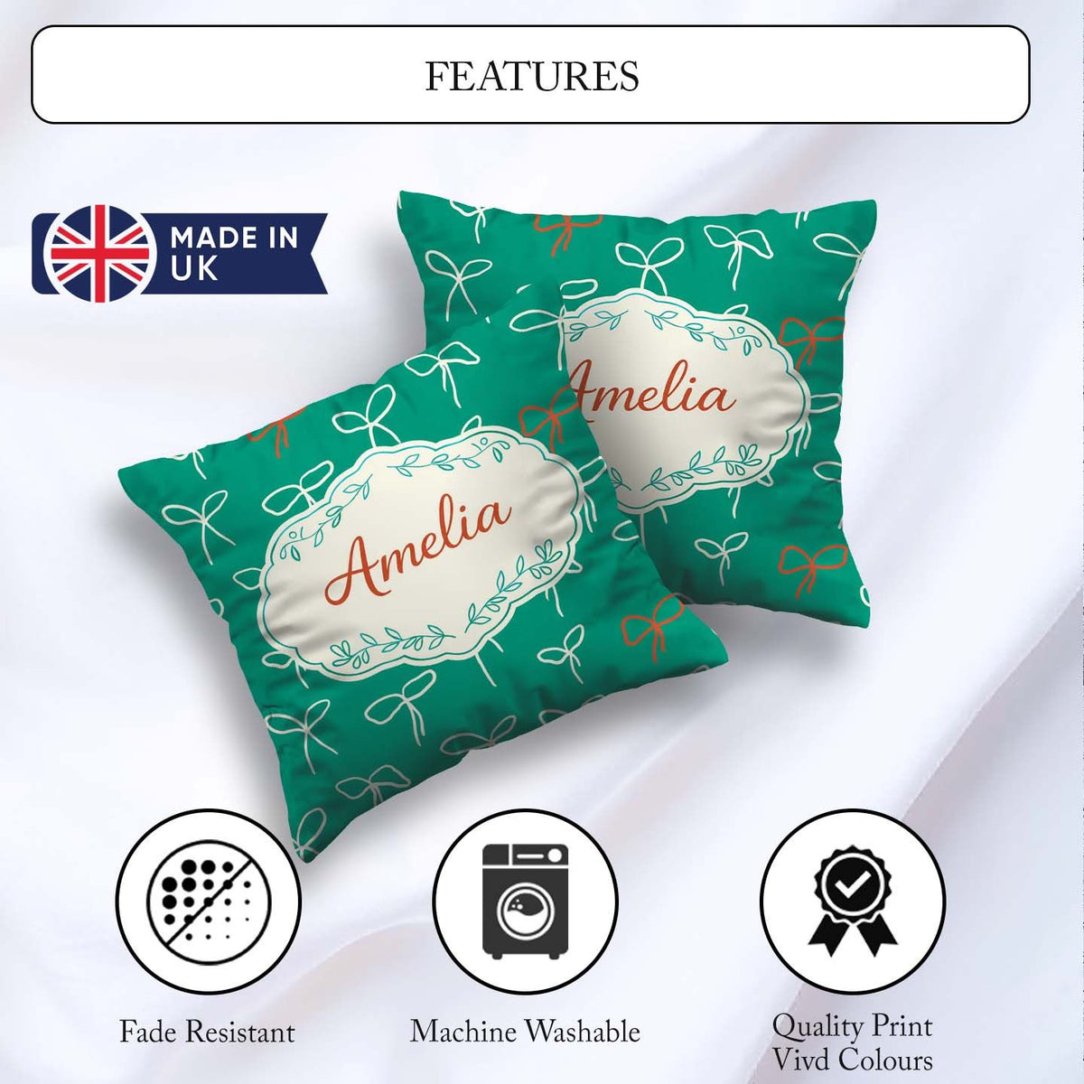 Custom Name Minimal Bow Line Art Green Background Cute Seamless Square Filled Cushion Throw Pillow Sofa Bed Home Decor Zip Washable UK Made