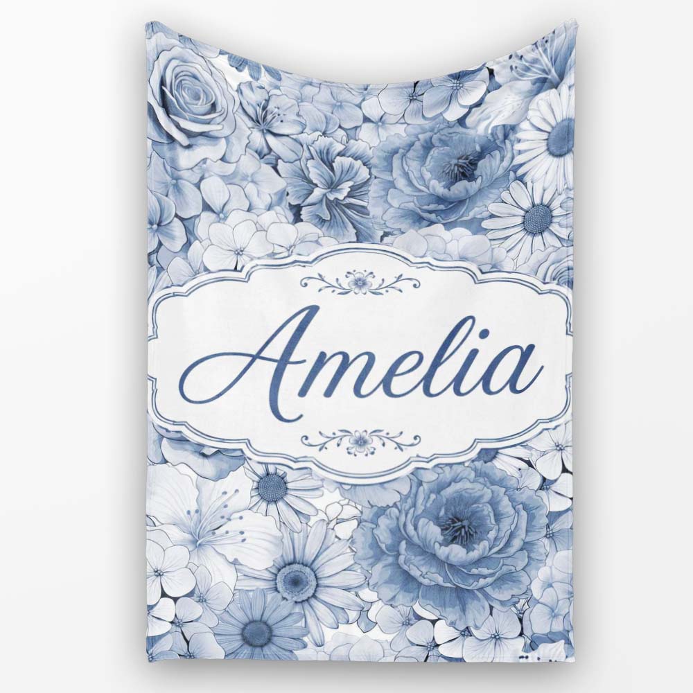 Soft Blue Toned Floral Bouquet Seamless Pattern with Roses Peonies Personalised Custom Name Super Soft Fleece Blanket Bed Sofa Throw