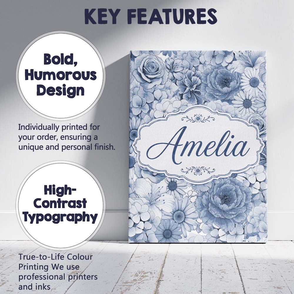 Personalised Name Soft Blue Toned Floral Custom Unique Gift Idea Elegant Feature Canvas Wall Art Print Decor Picture Ready to Hang