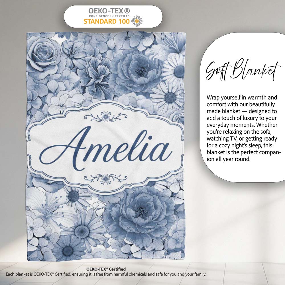 Soft Blue Toned Floral Bouquet Seamless Pattern with Roses Peonies Personalised Custom Name Super Soft Fleece Blanket Bed Sofa Throw