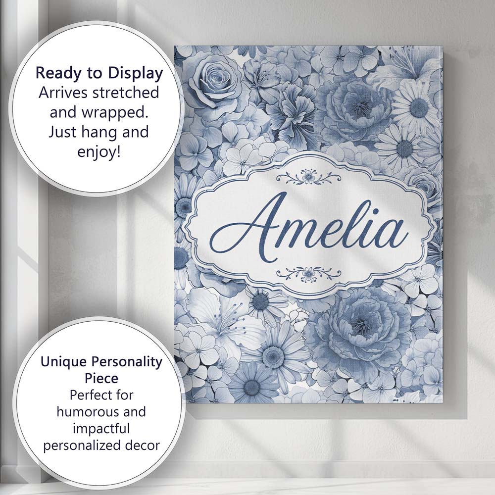 Personalised Name Soft Blue Toned Floral Custom Unique Gift Idea Elegant Feature Canvas Wall Art Print Decor Picture Ready to Hang