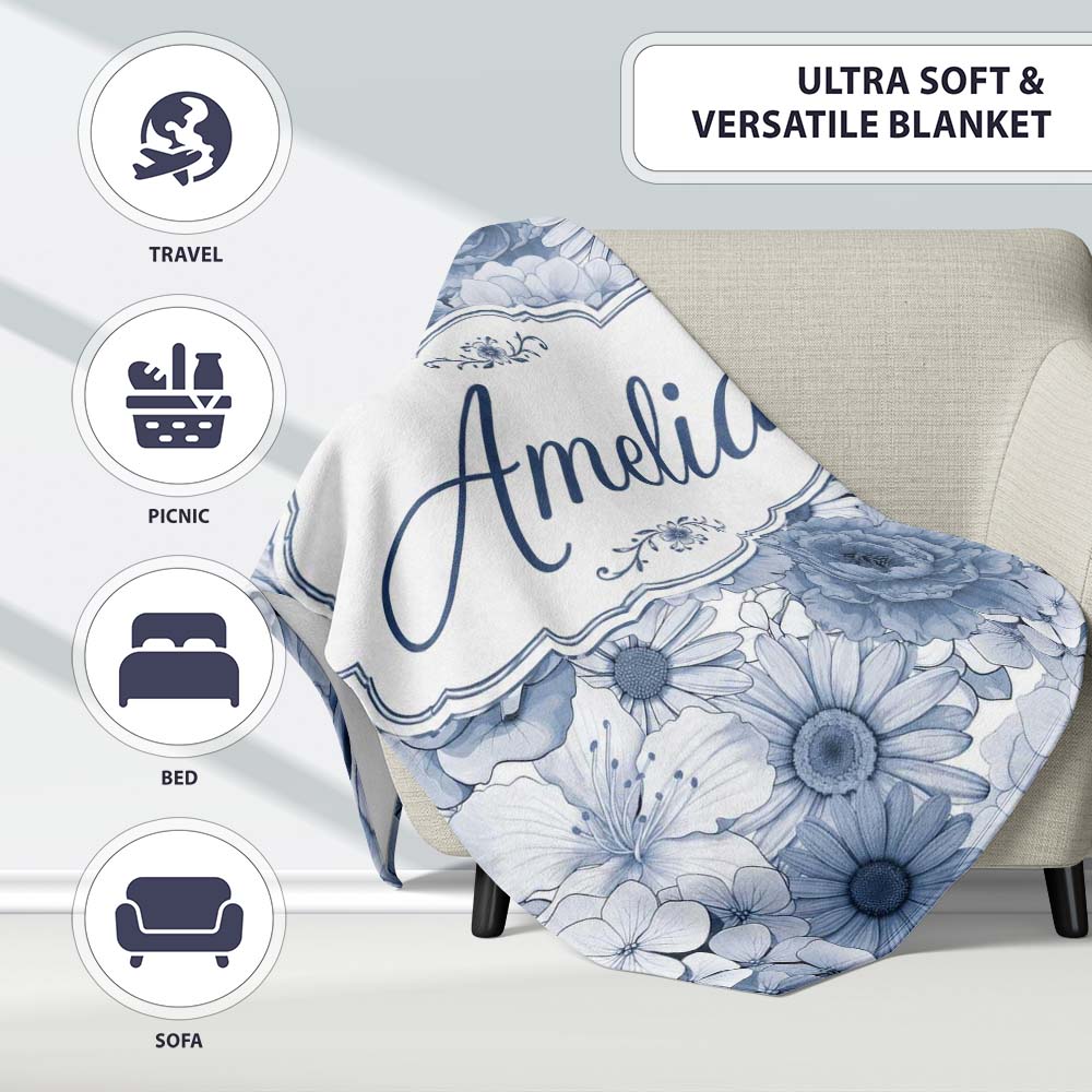 Soft Blue Toned Floral Bouquet Seamless Pattern with Roses Peonies Personalised Custom Name Super Soft Fleece Blanket Bed Sofa Throw
