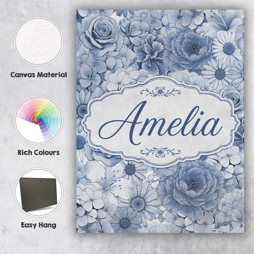 Personalised Name Soft Blue Toned Floral Custom Unique Gift Idea Elegant Feature Canvas Wall Art Print Decor Picture Ready to Hang