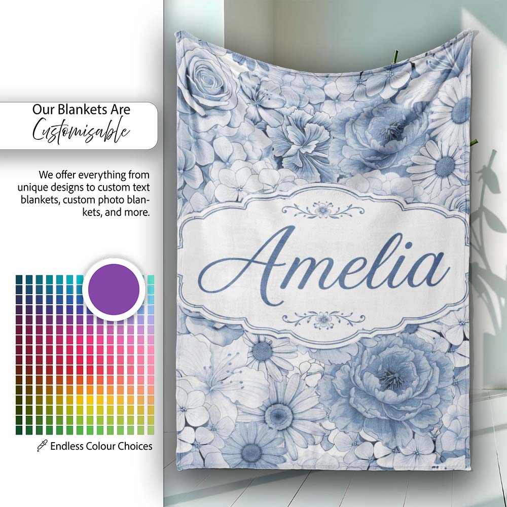 Soft Blue Toned Floral Bouquet Seamless Pattern with Roses Peonies Personalised Custom Name Super Soft Fleece Blanket Bed Sofa Throw