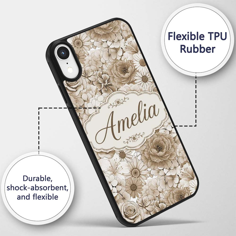 Vintage Sepia Floral Bouquet Seamless Pattern Custom Name Protective Phone Case Mobile Cover Durable Everyday Smartphone Shock Resistant