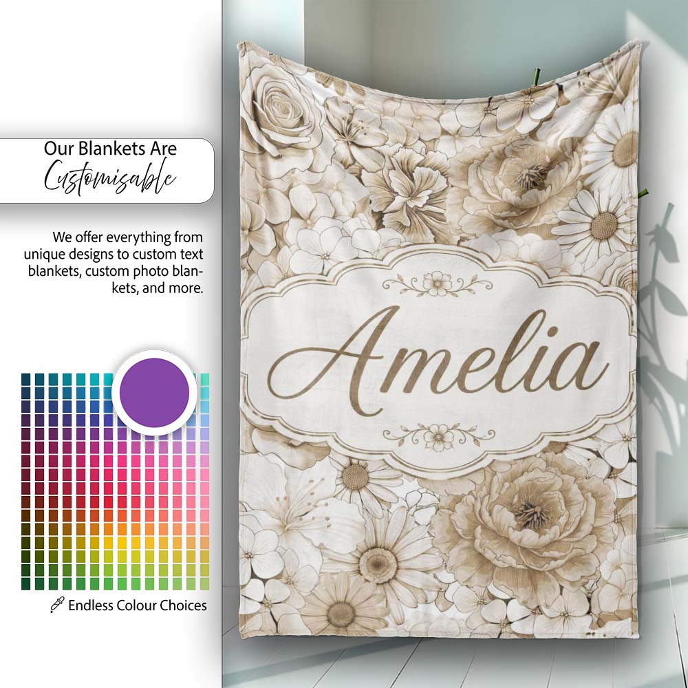 Vintage Sepia Floral Bouquet Seamless Pattern with Roses Peonies and Personalised Custom Name Super Soft Fleece Blanket Bed Sofa Throw