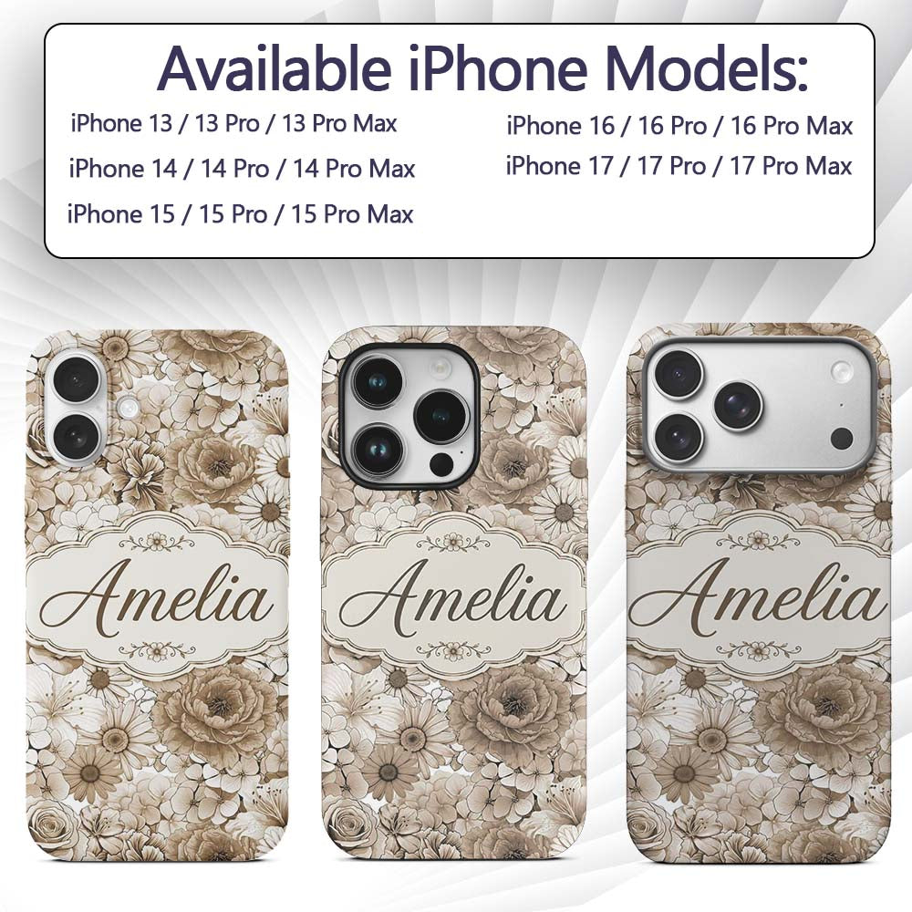 Vintage Sepia Floral Bouquet Seamless Pattern Custom Name Protective Phone Case Mobile Cover Durable Everyday Smartphone Shock Resistant