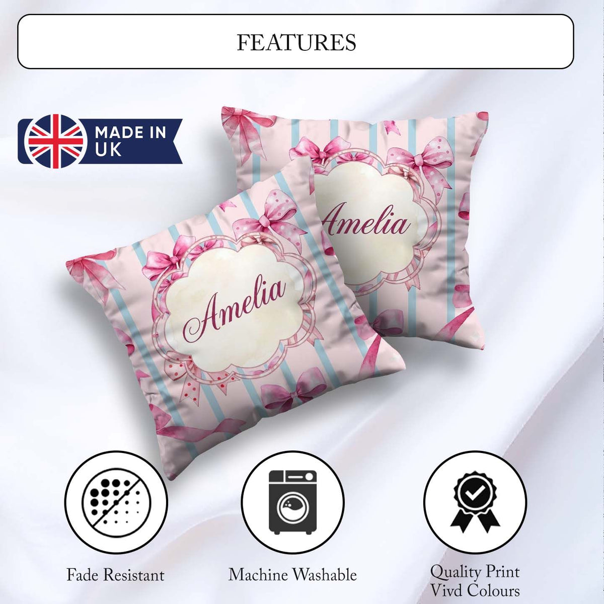 Custom Name Watercolor Pink Ribbon Bow Pattern with Blue Stripes Square Filled Cushion Throw Pillow Sofa Bed Home Decor Zip Washable UK Made