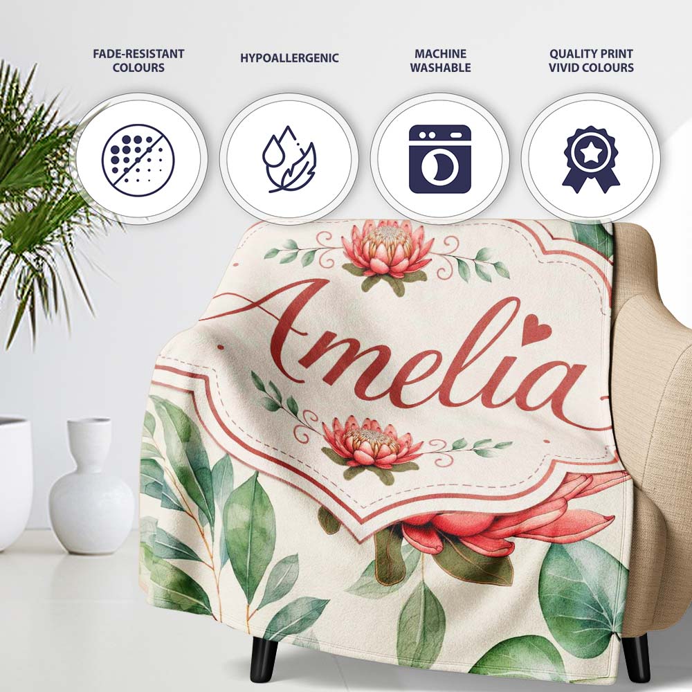 Coral Protea Flowers with Green Leaves Seamless Botanical Pattern Personalised Custom Name Super Soft Fleece Blanket Bed Sofa Throw