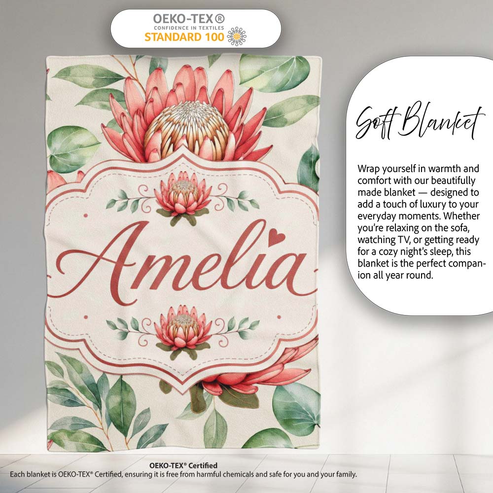 Coral Protea Flowers with Green Leaves Seamless Botanical Pattern Personalised Custom Name Super Soft Fleece Blanket Bed Sofa Throw