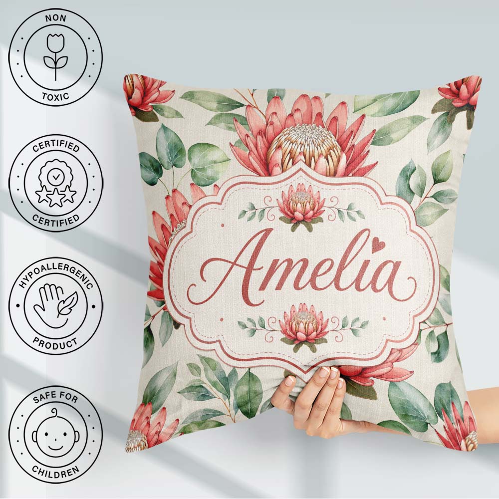 Custom Name Coral Protea Flowers Green Leaves Seamless Botanical Square Filled Cushion Throw Pillow Sofa Bed Home Decor Zip Washable UK Made